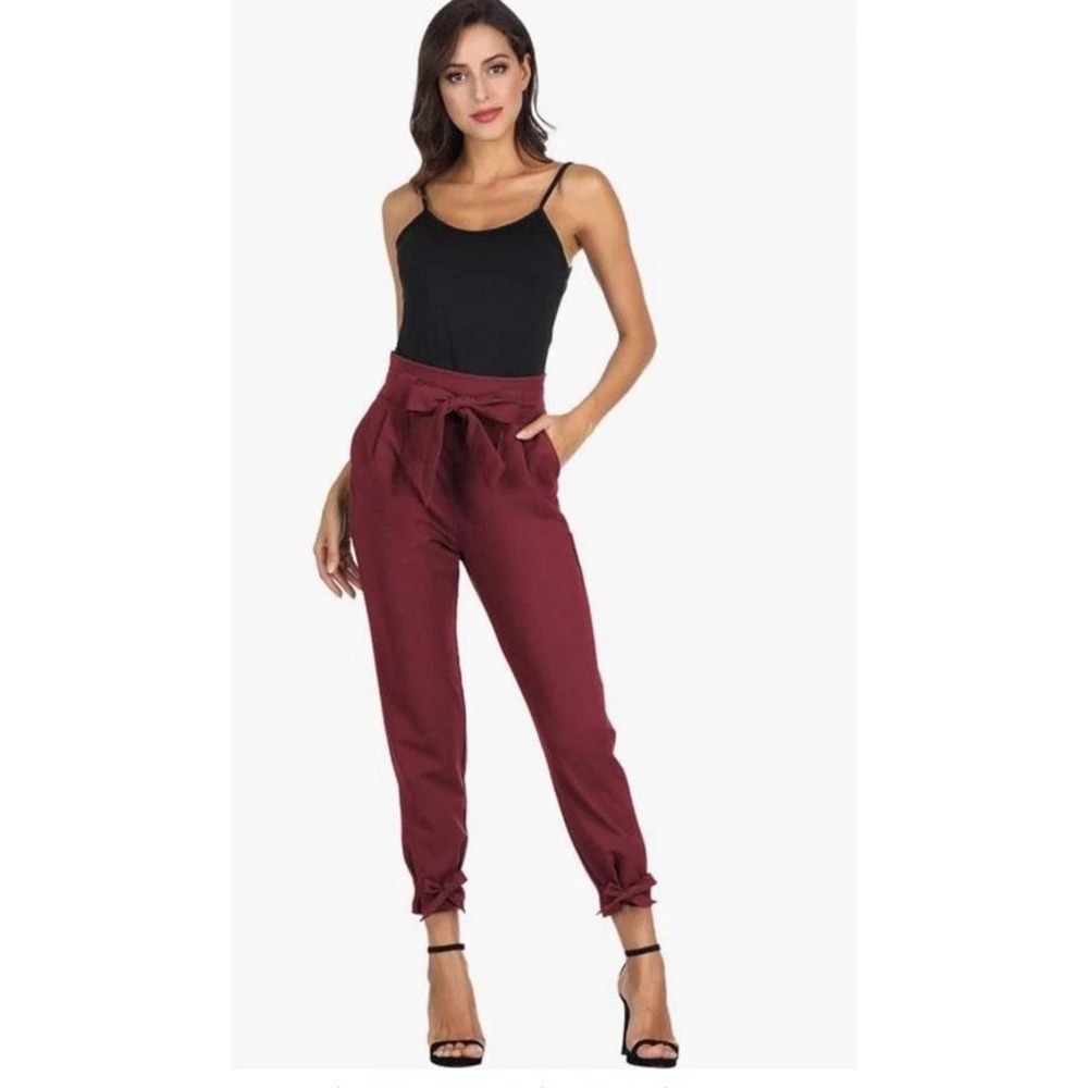 Grace Karin Stylish Red Tie-Waist Paperbag Pants Size Small with Ankle Ties
